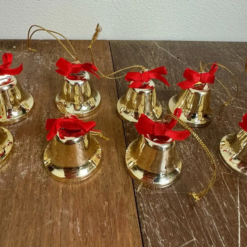 Set of‎ 10 Metal Gold Bells Red Bow Christmas Ornament bundle Lot